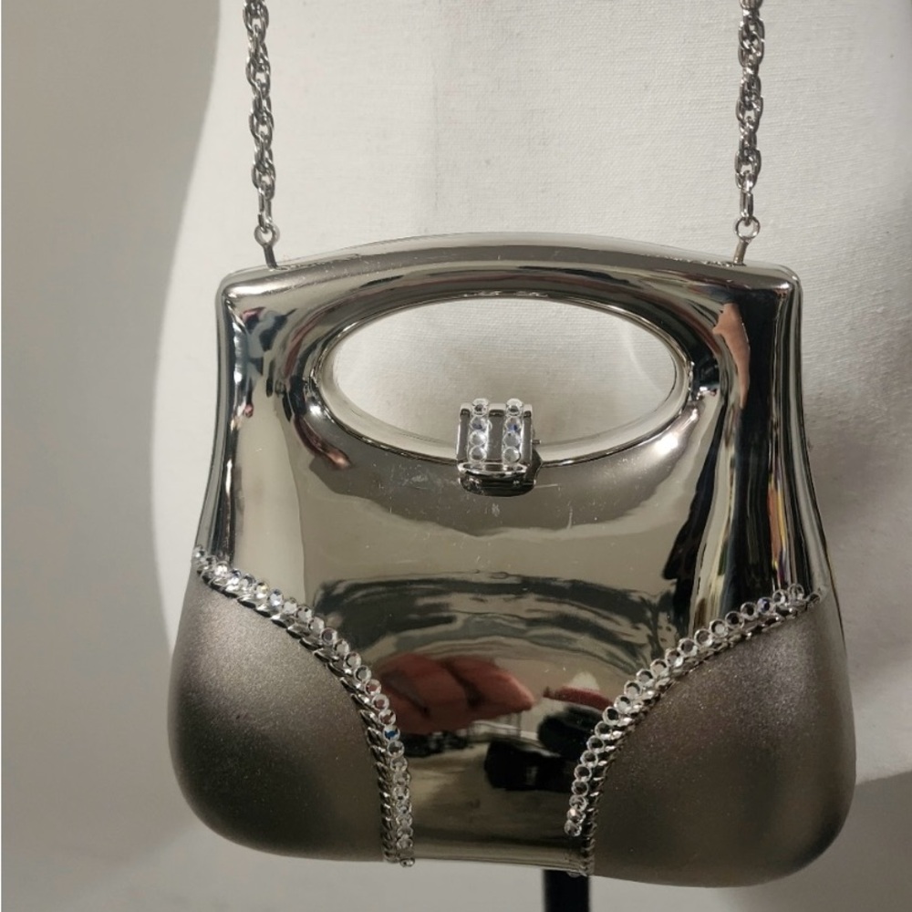 Shiney Silver Small Hard Case Purse with Jewels Chain Shoulder Strap